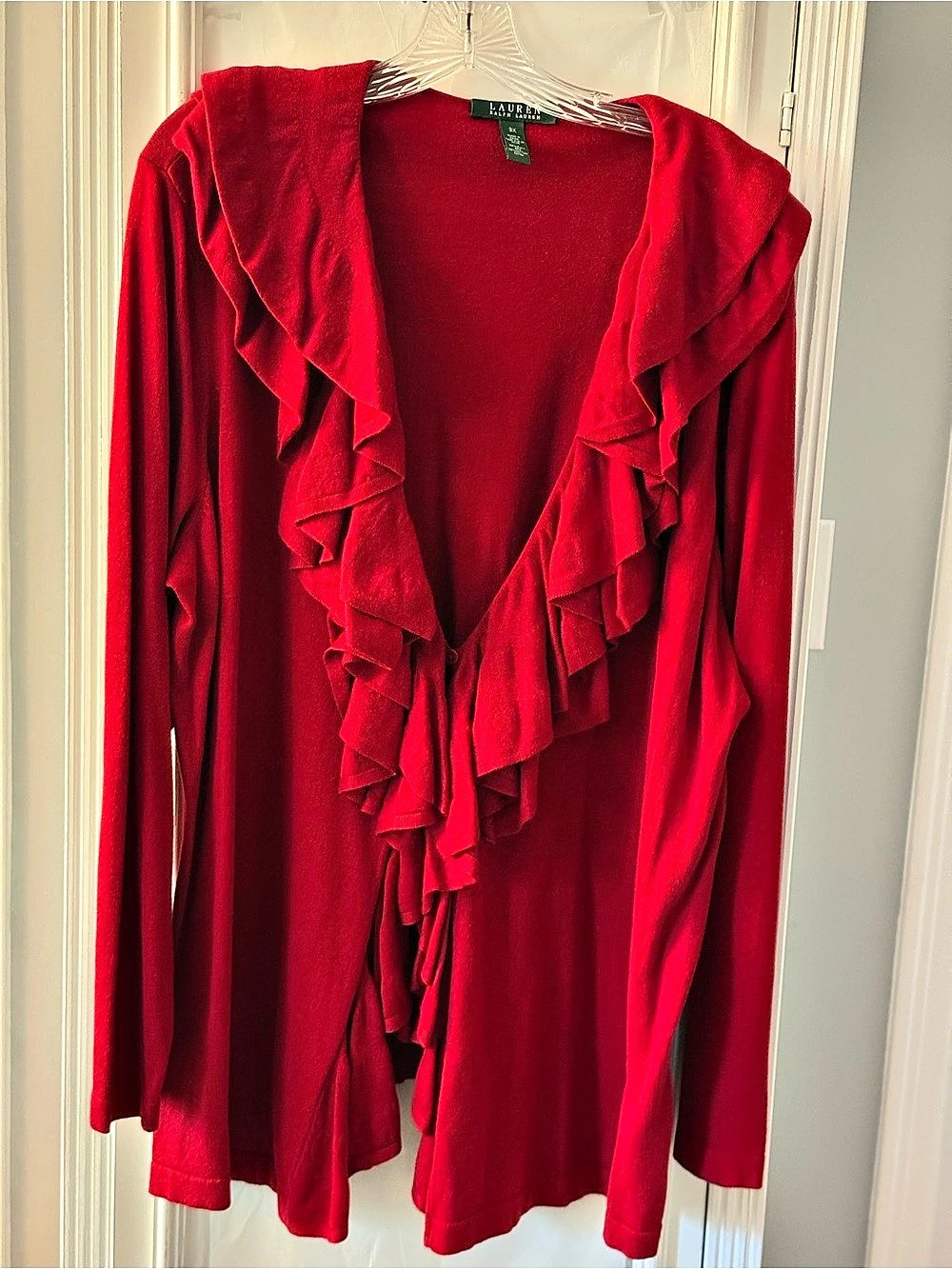 Lauren Ralph Lauren Red Ruffle Cardigan Single Button Closure Size 3X